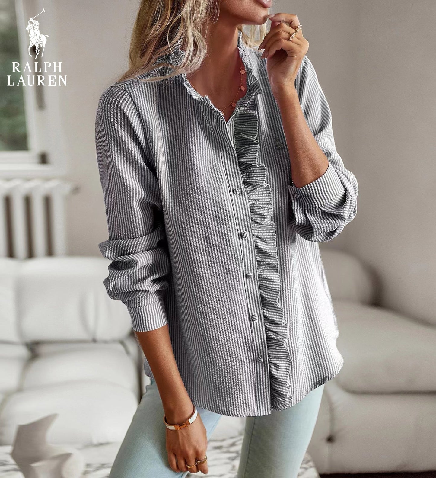 R. Ꮮаᴜгеn Chemisier à volants – Structure souple et patte de boutonnage classique