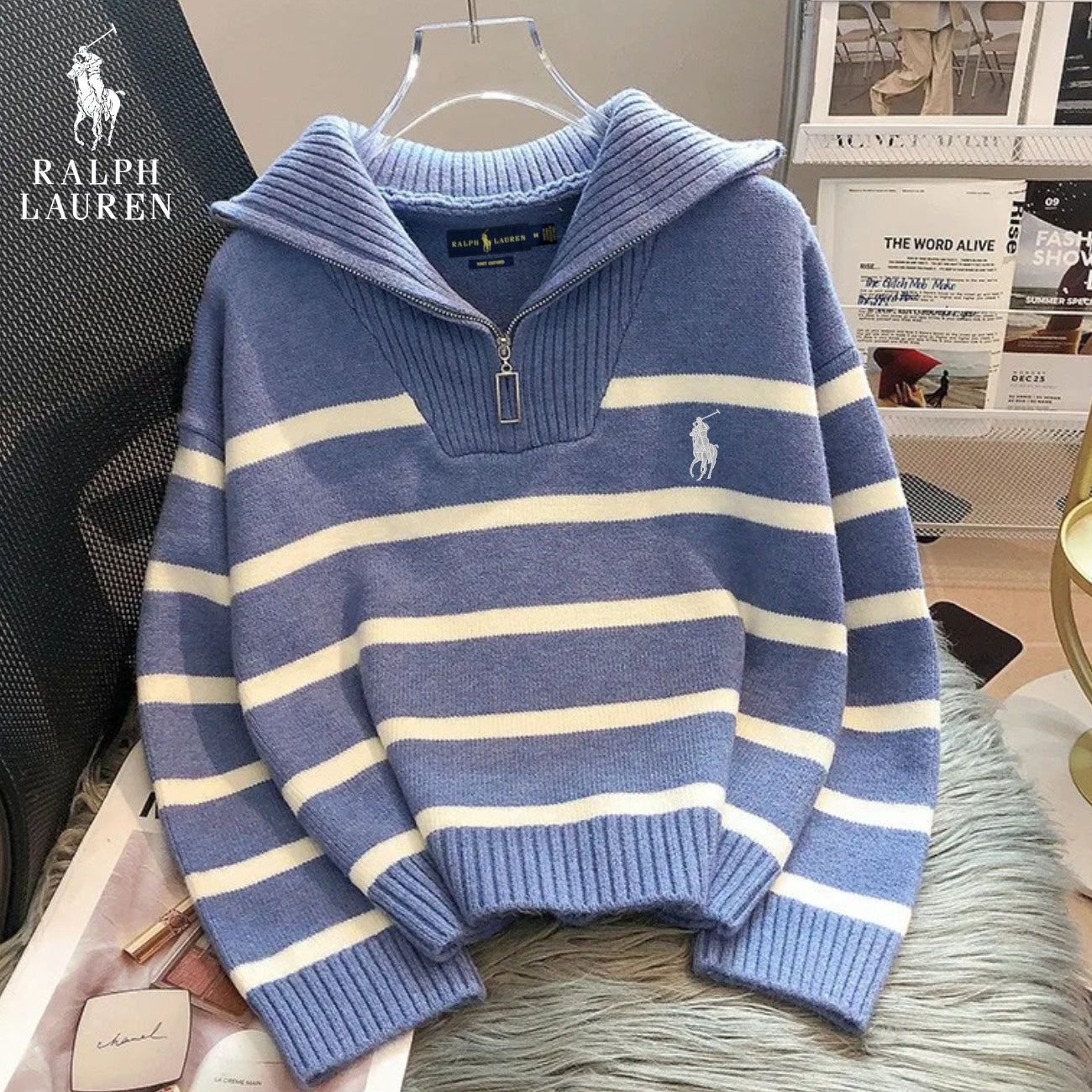 Pull Rayé à Col Zippé - R. Lauren (PRIX DÉSTOCKAGE)